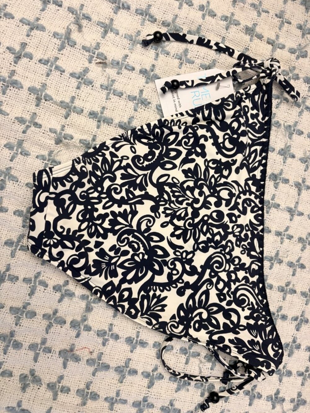 Time and Tru Damask Cheeky Bikini Bottom NWT Navy White Size L (12-14)